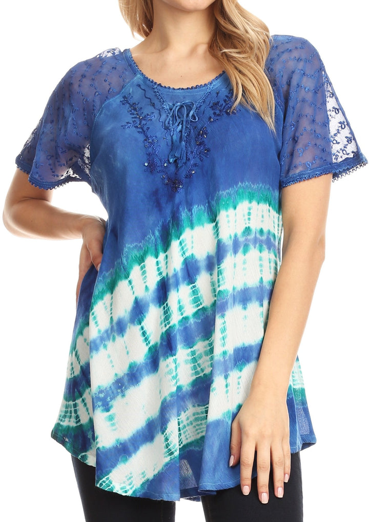 Sakkas Lulu Short Sleeve Summer Casual Fresh Blouse Top Lace Tie-dye &amp; Corset