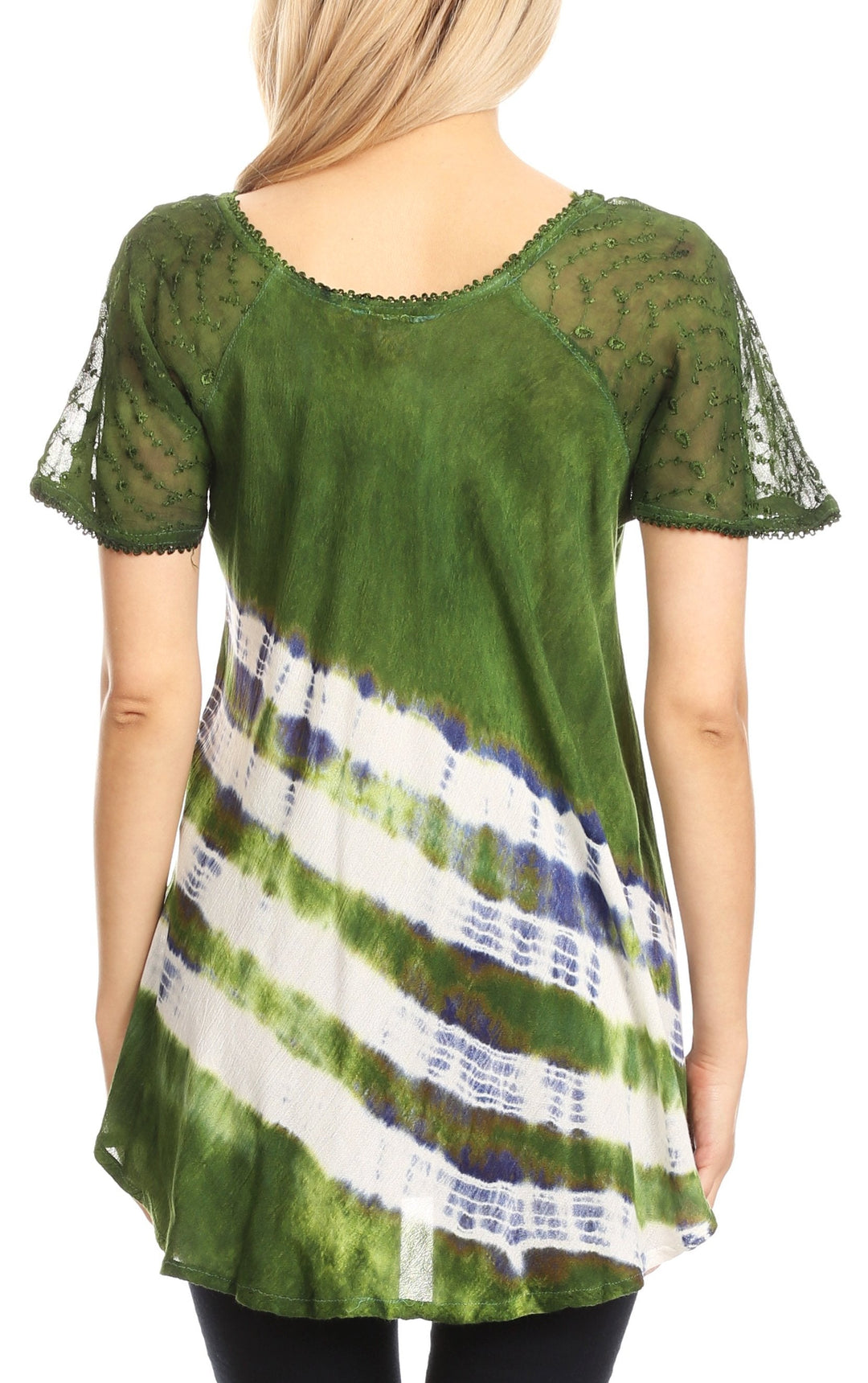 Sakkas Lulu Short Sleeve Summer Casual Fresh Blouse Top Lace Tie-dye &amp; Corset
