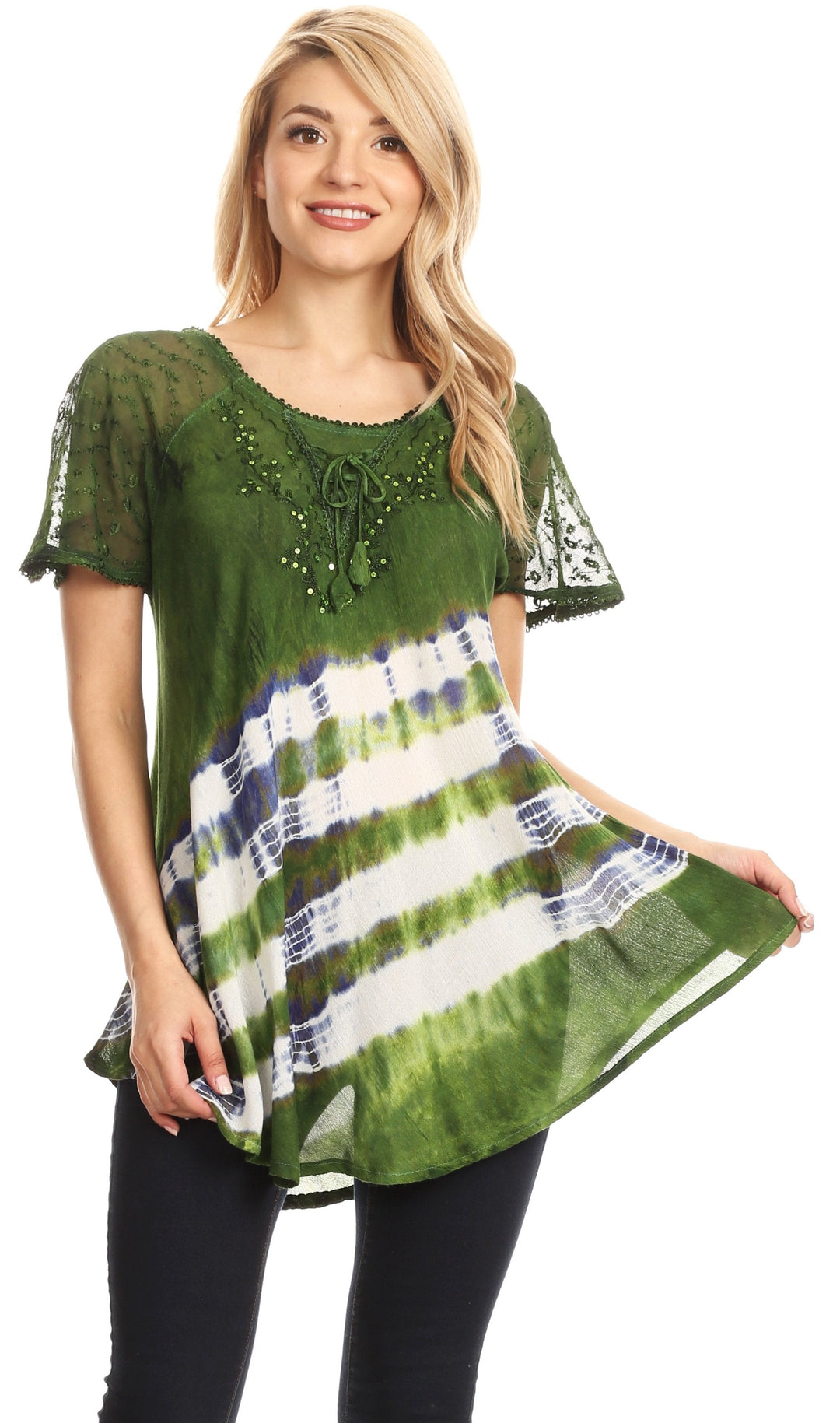 Sakkas Lulu Short Sleeve Summer Casual Fresh Blouse Top Lace Tie-dye &amp; Corset