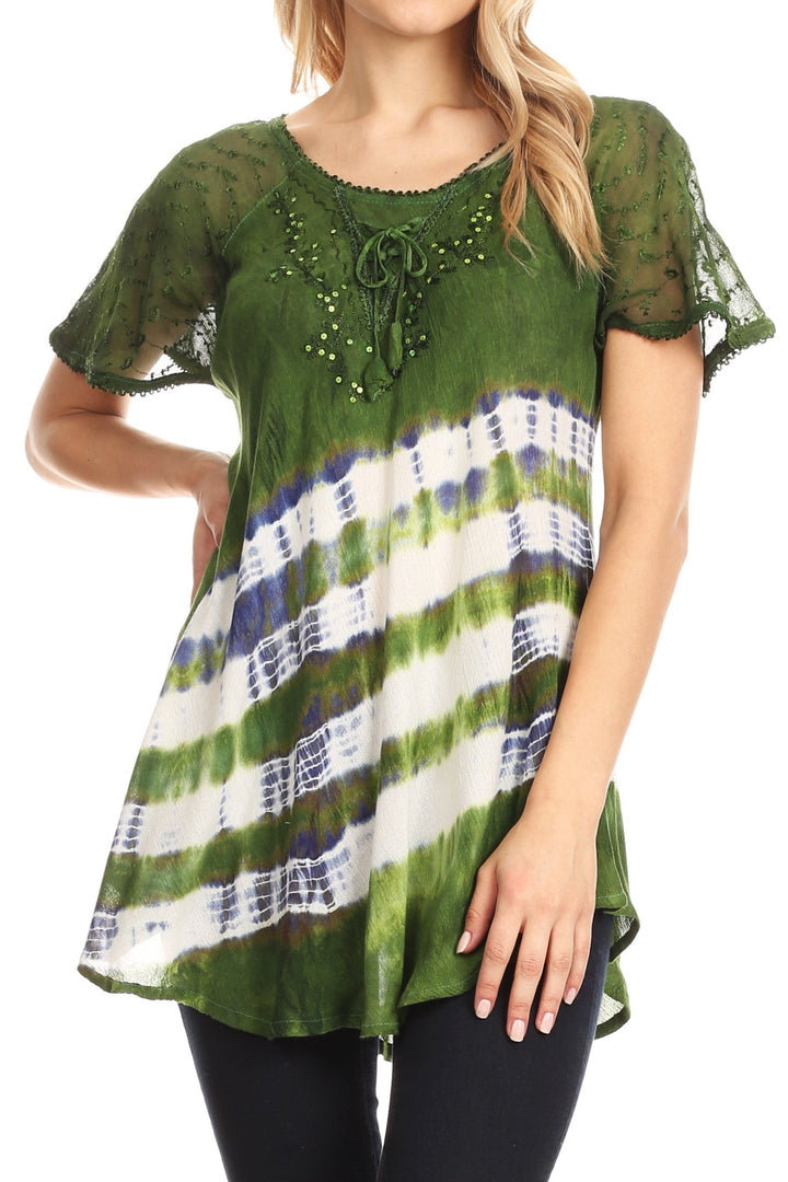 Sakkas Lulu Short Sleeve Summer Casual Fresh Blouse Top Lace Tie-dye &amp; Corset
