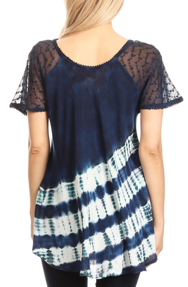 Sakkas Lulu Short Sleeve Summer Casual Fresh Blouse Top Lace Tie-dye &amp; Corset