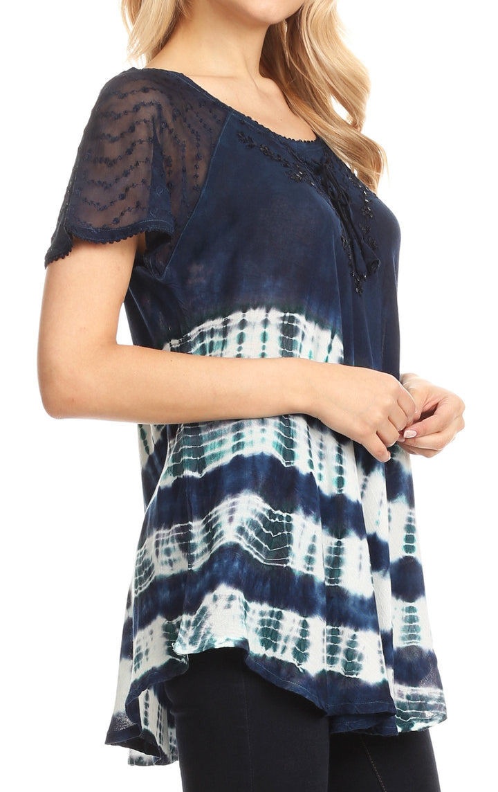 Sakkas Lulu Short Sleeve Summer Casual Fresh Blouse Top Lace Tie-dye &amp; Corset
