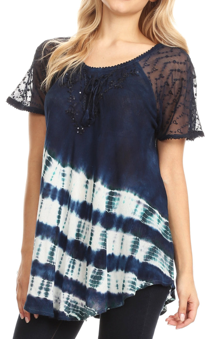 Sakkas Lulu Short Sleeve Summer Casual Fresh Blouse Top Lace Tie-dye &amp; Corset