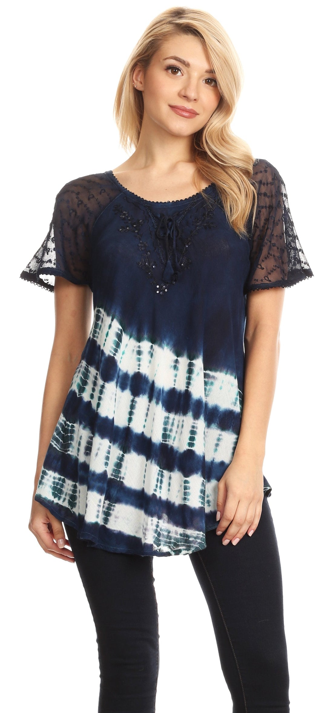 Sakkas Lulu Short Sleeve Summer Casual Fresh Blouse Top Lace Tie-dye &amp; Corset