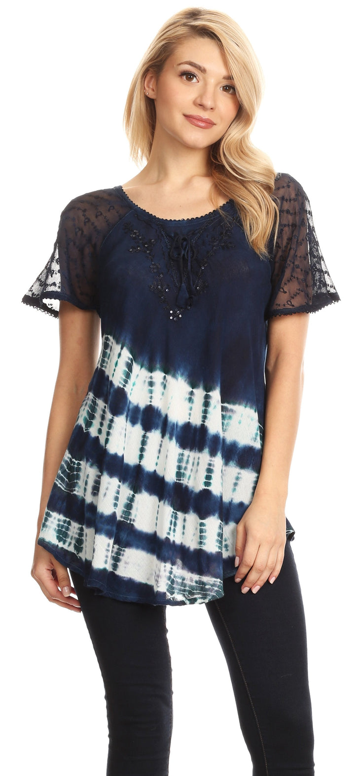 Sakkas Lulu Short Sleeve Summer Casual Fresh Blouse Top Lace Tie-dye &amp; Corset