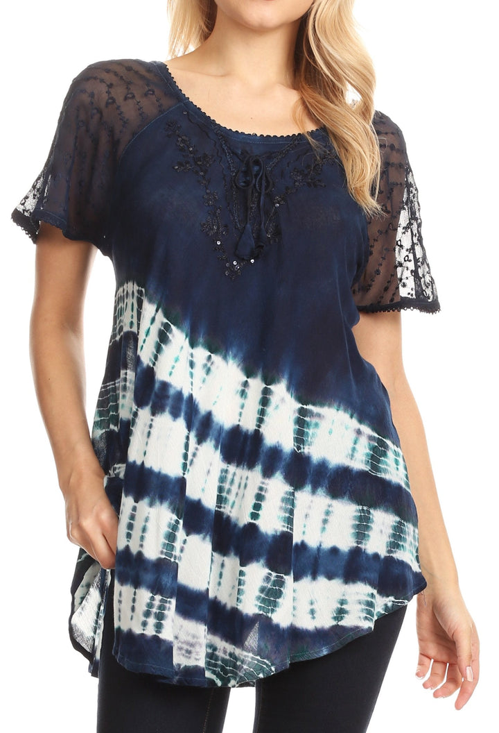 Sakkas Lulu Short Sleeve Summer Casual Fresh Blouse Top Lace Tie-dye &amp; Corset
