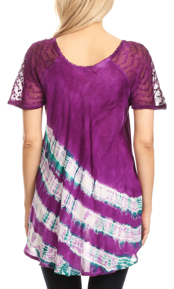 Sakkas Lulu Short Sleeve Summer Casual Fresh Blouse Top Lace Tie-dye &amp; Corset
