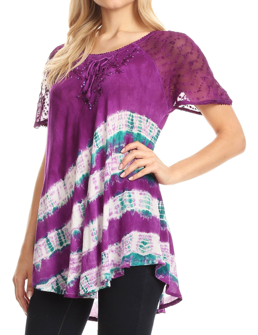 Sakkas Lulu Short Sleeve Summer Casual Fresh Blouse Top Lace Tie-dye &amp; Corset