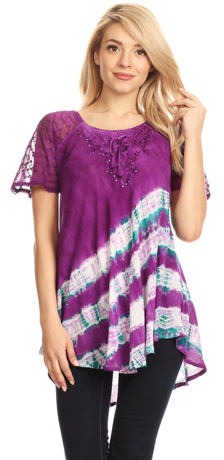 Sakkas Lulu Short Sleeve Summer Casual Fresh Blouse Top Lace Tie-dye &amp; Corset
