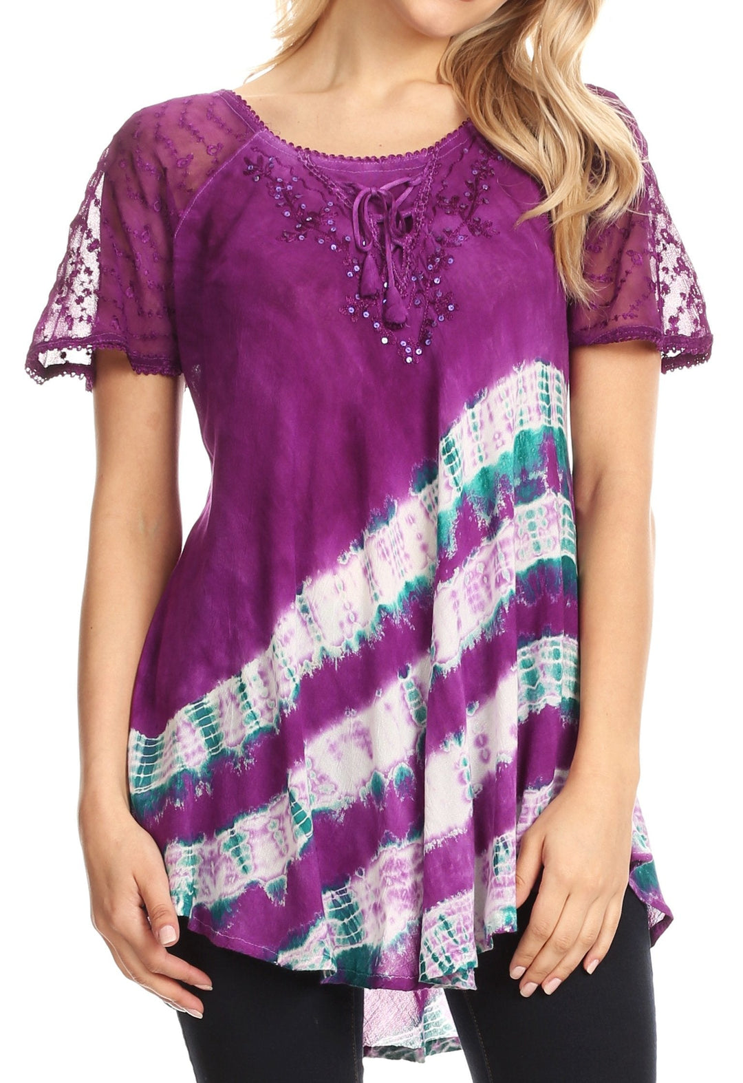 Sakkas Lulu Short Sleeve Summer Casual Fresh Blouse Top Lace Tie-dye &amp; Corset