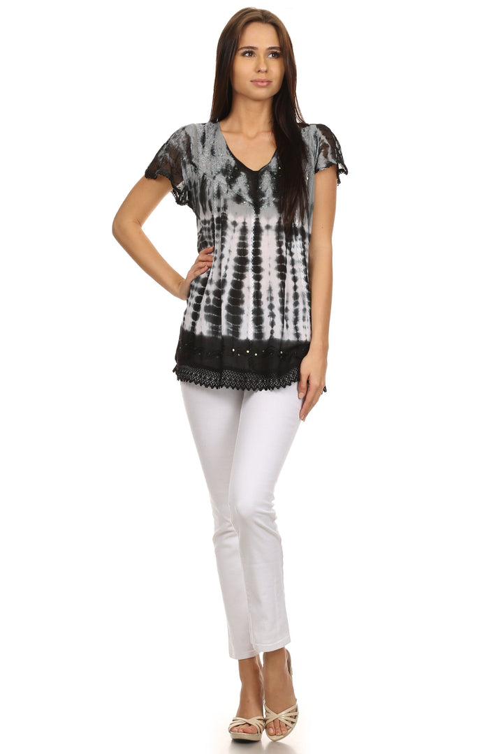Sakkas Violet Embroidery Tie Dye Sequin Accents Blouse / Top