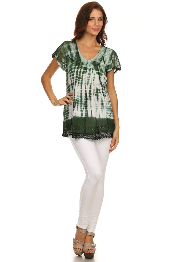 Sakkas Violet Embroidery Tie Dye Sequin Accents Blouse / Top