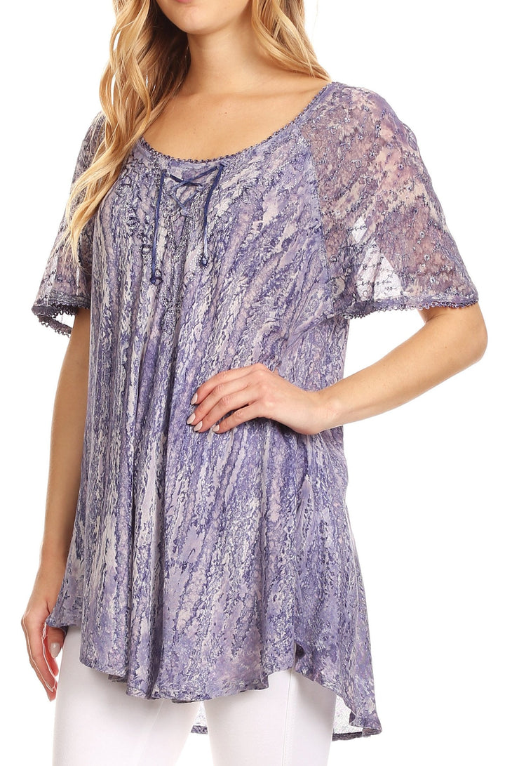 Sakkas Zoya Marbled Embroidery  Cap Sleeves Blouse / Top