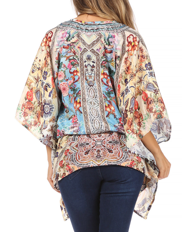 Sakkas Danis Women's Oversized Casual Pullover V-neck Short Sleeve Boho Top Blouse