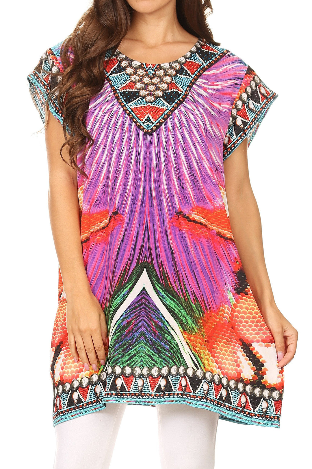 Sakkas Lesedi Top Blouse With Cap Sleeves Colorful Print and Rhinestones