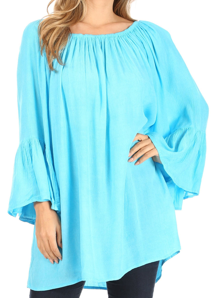 Sakkas Anna Casual Flowy Wide Neck 3/4 Sleeve Light Summer Boho Blouse Top
