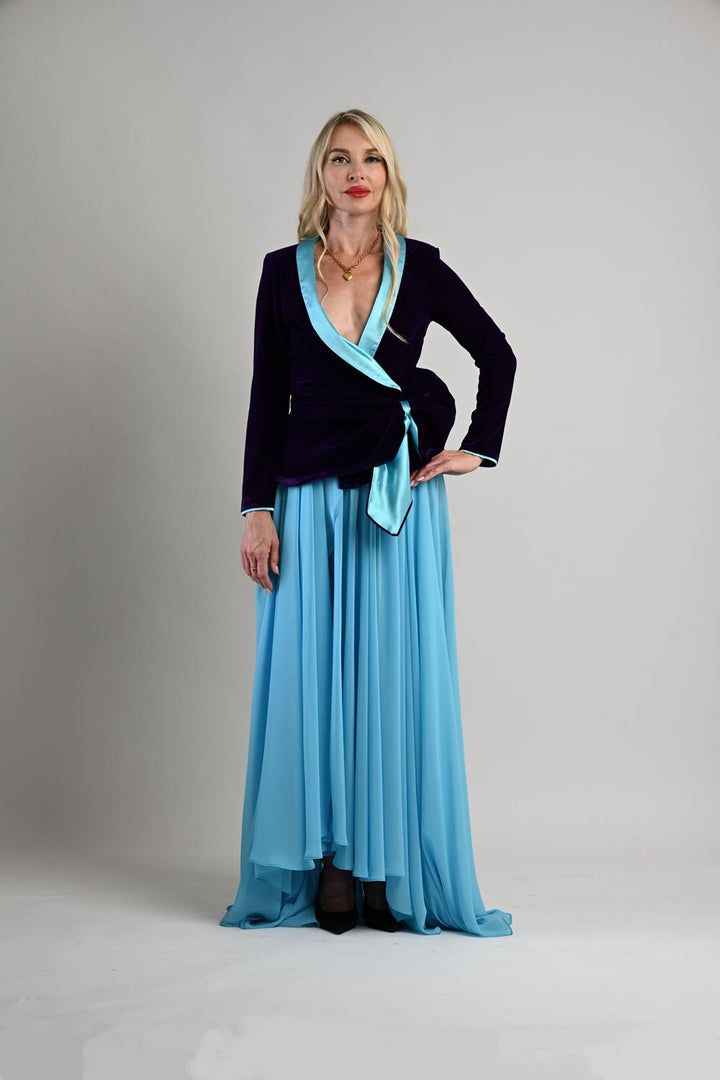 Turquoise Chiffon Maxi Skirt with Overlap Slit