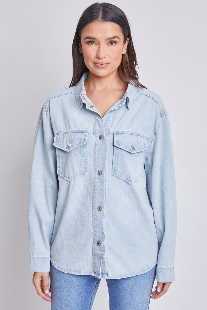 Women’s Denim Shacket with Flap Front Pockets