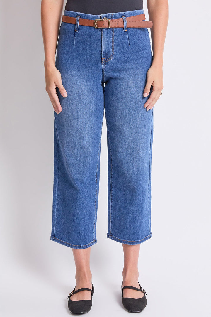 Women's High Rise Crop Belted Wide Leg Jeans