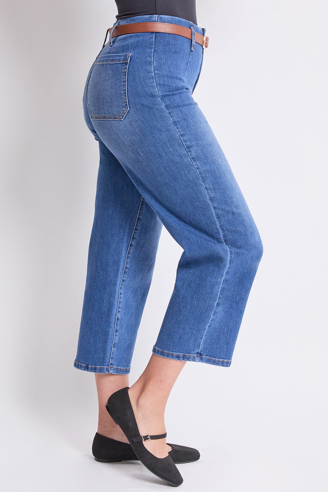 Women's High Rise Crop Belted Wide Leg Jeans
