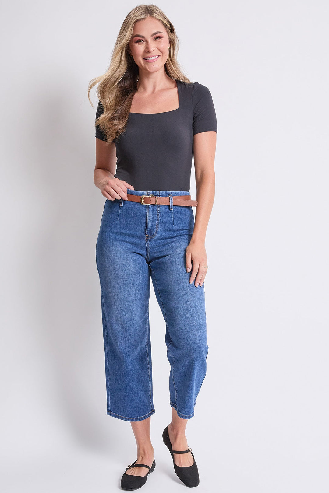 Women's High Rise Crop Belted Wide Leg Jeans