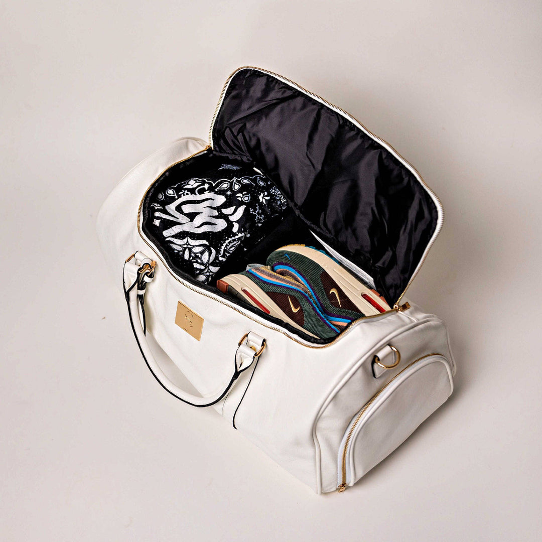 White Leather Weekender Duffle Bag