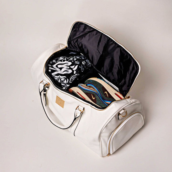White Leather Weekender Duffle Bag