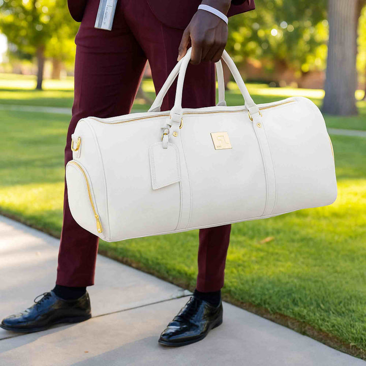 White Leather Weekender Duffle Bag