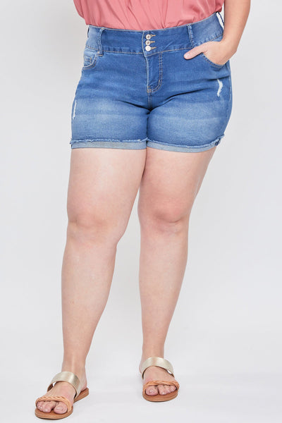 Women´s Plus Essential 3-Button Fray Cuff Shorts-Distressed