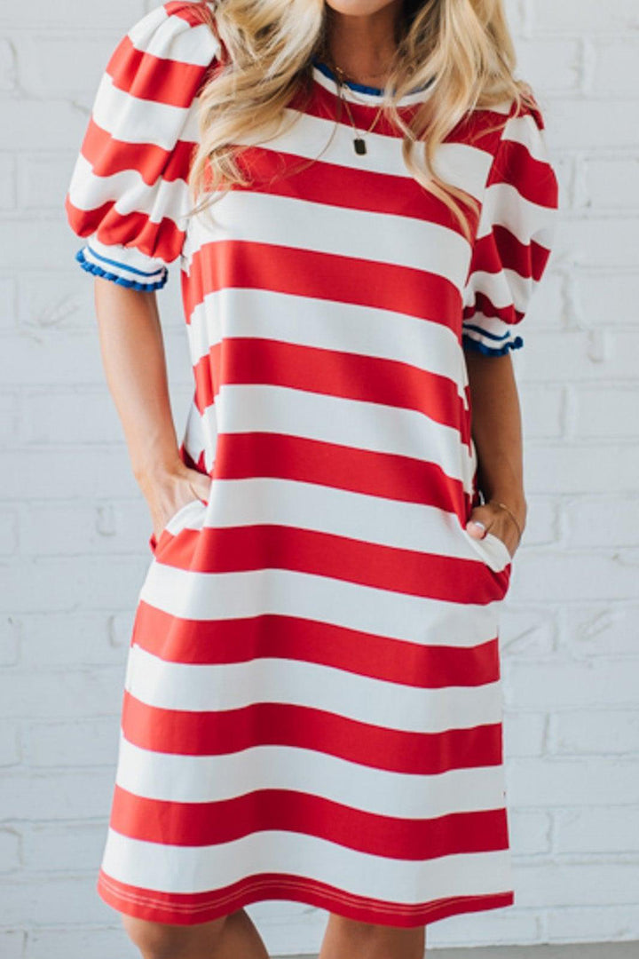 Blue Stripe Contrast Trim Round Neck Short Puff Sleeve Shift Mini Dress