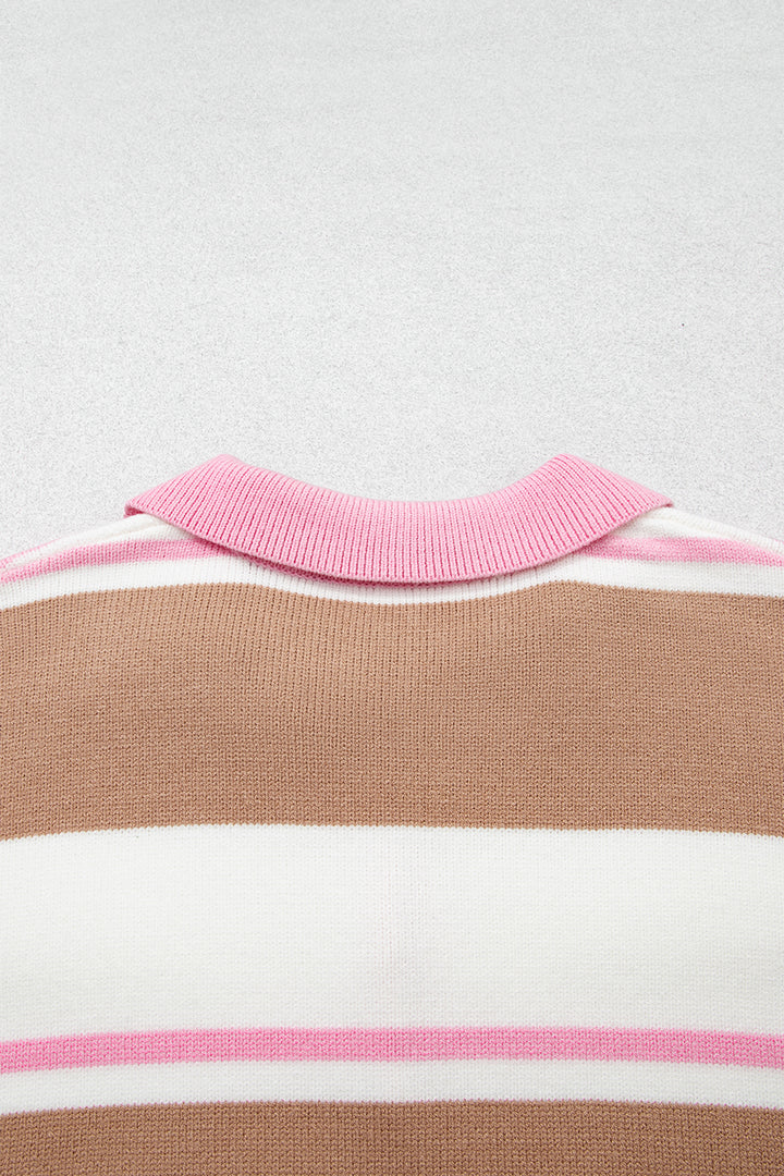 Pink Stripe Striped Colorblock V Neck Long Sleeve Tunic Sweater