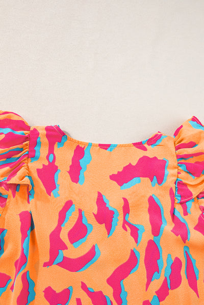 Orange Abstract Print V Neck Ruffled Sleeve Blouse