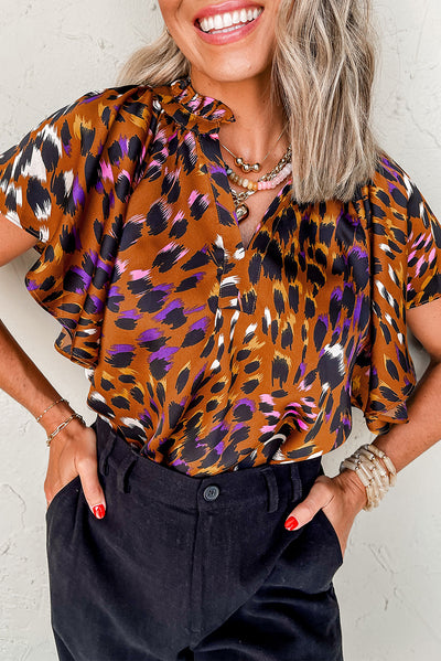 Orange Leopard Printed Draped Short Sleeve Slit V Neck Blouse