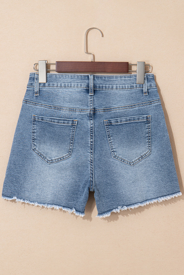 Amelie Pearl Beaded Raw Hem Medium Wash Denim Shorts