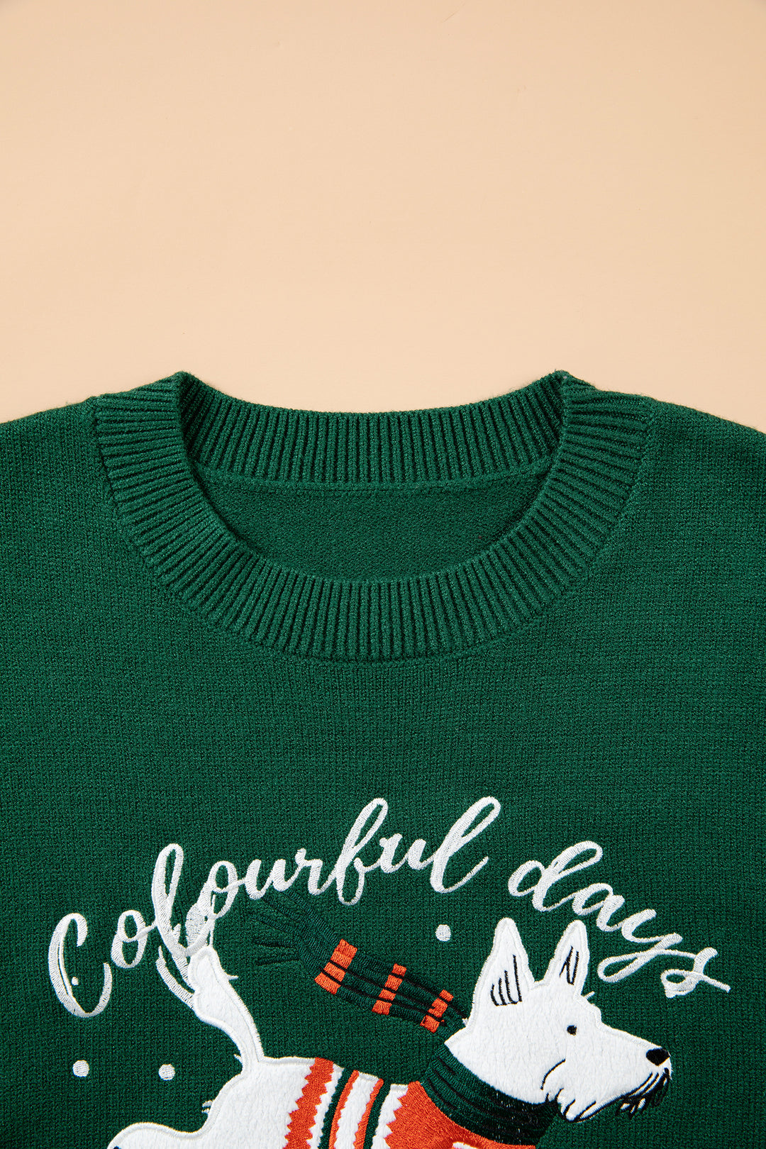 Blackish Green Abstract Dog Embroidery Christmas Fashion Round Neck Sweater