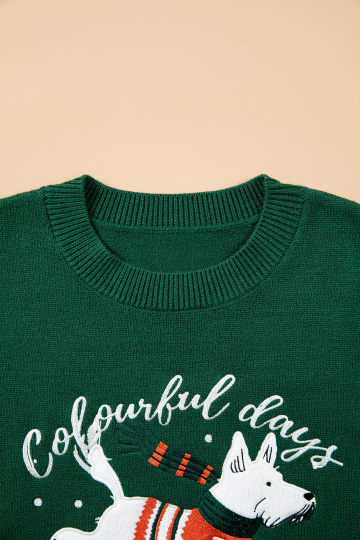 Blackish Green Abstract Dog Embroidery Christmas Fashion Round Neck Sweater