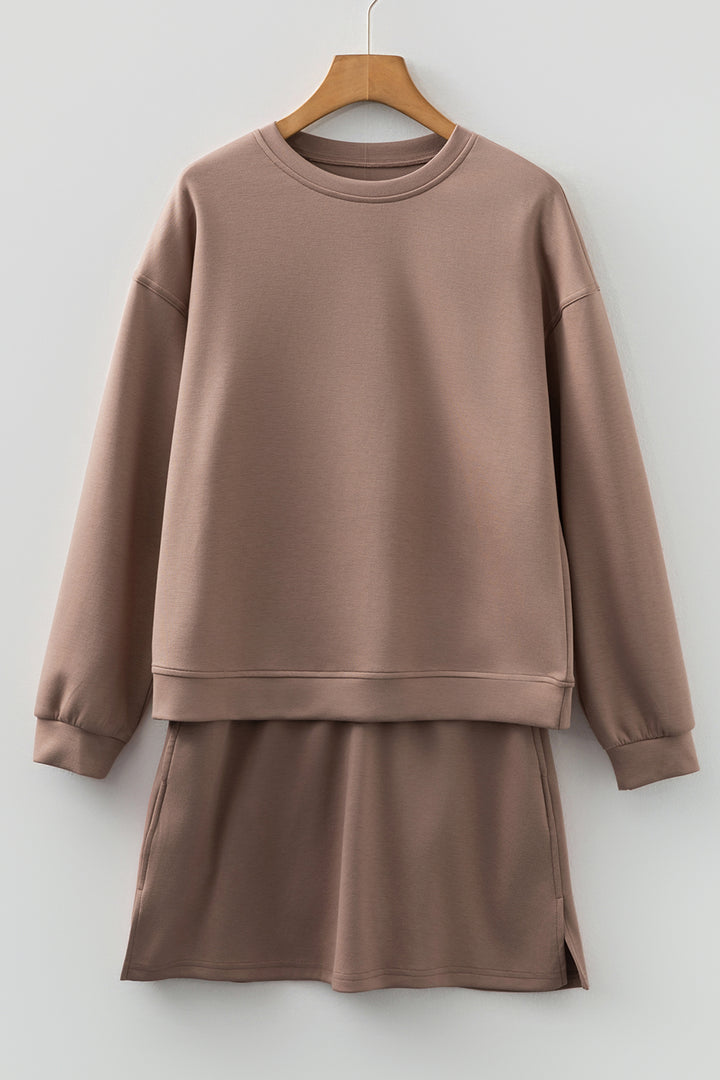 Coffee Solid Color Drop Shoulder Pullover Drawstring Mini Skirt 2pcs Outfit