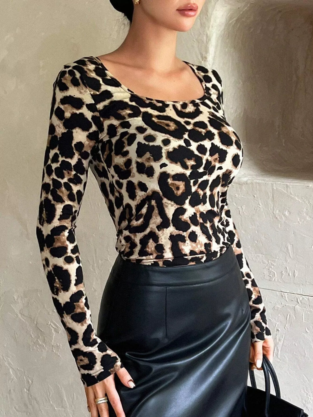 Leopard Print Square Neck Long Sleeve Top