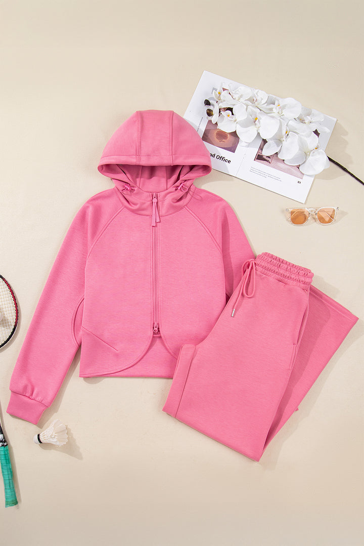 Pink Solid Color Zip Up Hoodie Drawstring Loose Pants Set