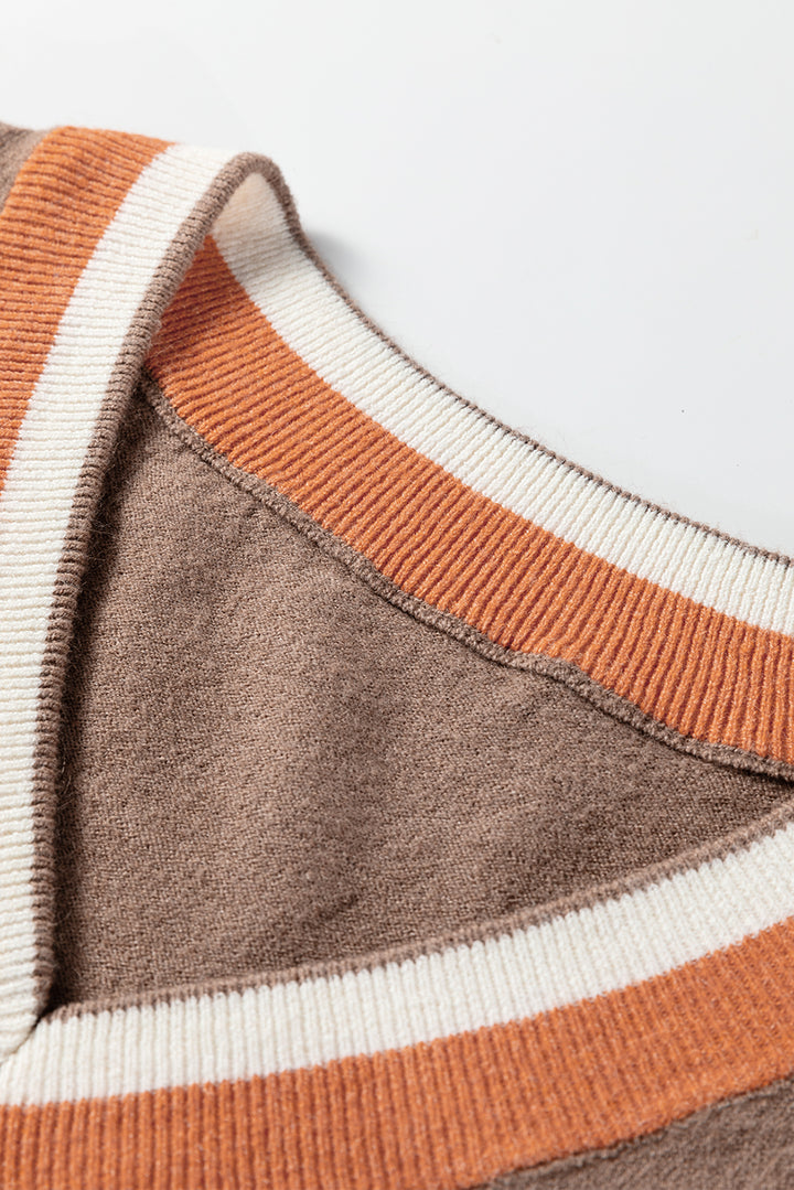 Dark Khaki Contrast Striped Trim V Neck Varsity Sweater
