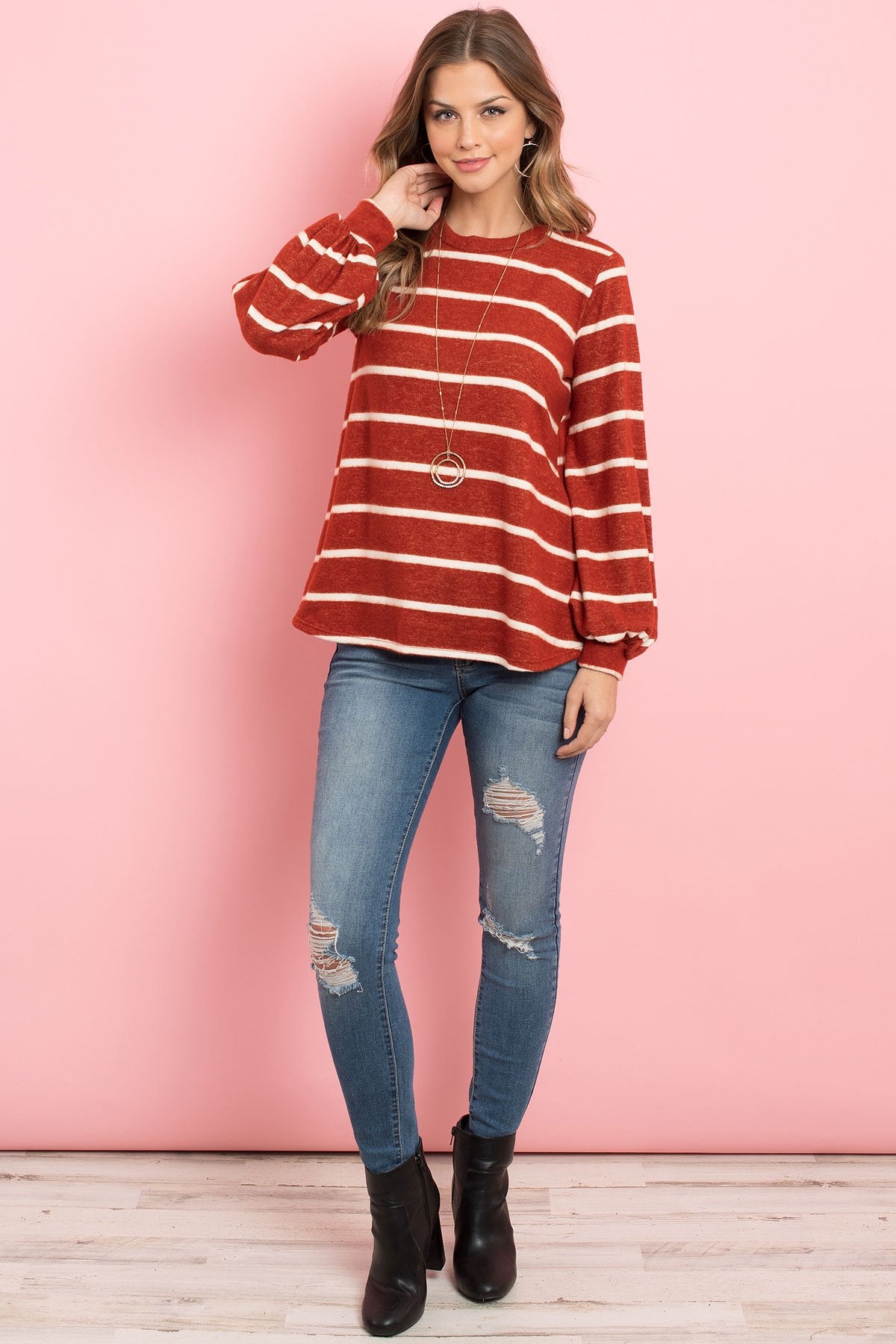 Striped Long Sleeved Round Neck Swing Top