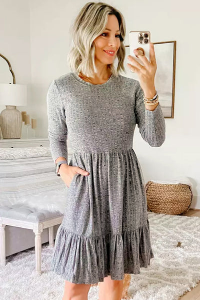 Gray Pinstriped Textured Ruffled A-line Midi Dress