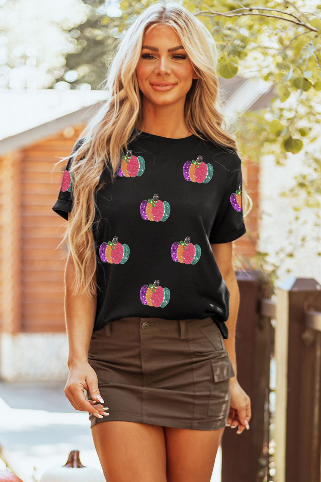 Black Sequined Pumpkin Graphic Round Neck Casual T Shirt