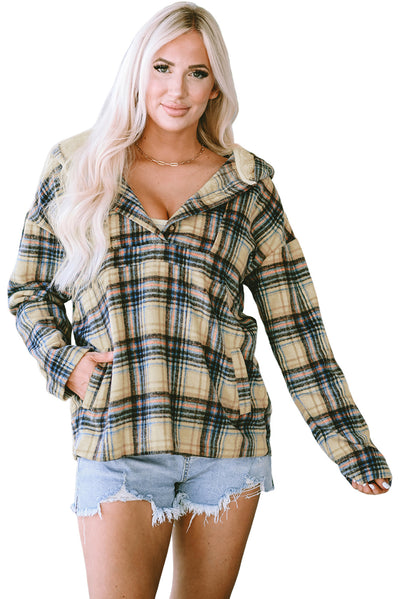 Khaki Plaid Button Neck Pocketed Pullover Hoodie