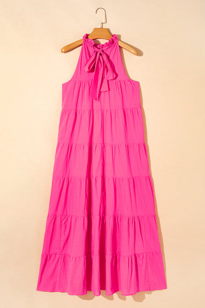 Rose Red High Frilled Neck Tiered Sleeveless Maxi Dress