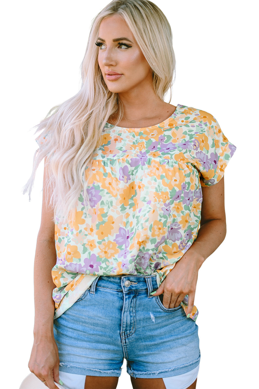 Yellow Floral Print Keyhole Back Short Sleeve Babydoll Blouse