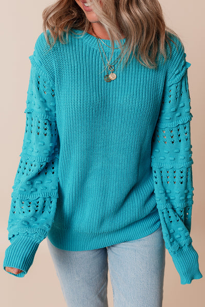 Turquoise Ruffled Eyelet Bubble Sleeve Sweater