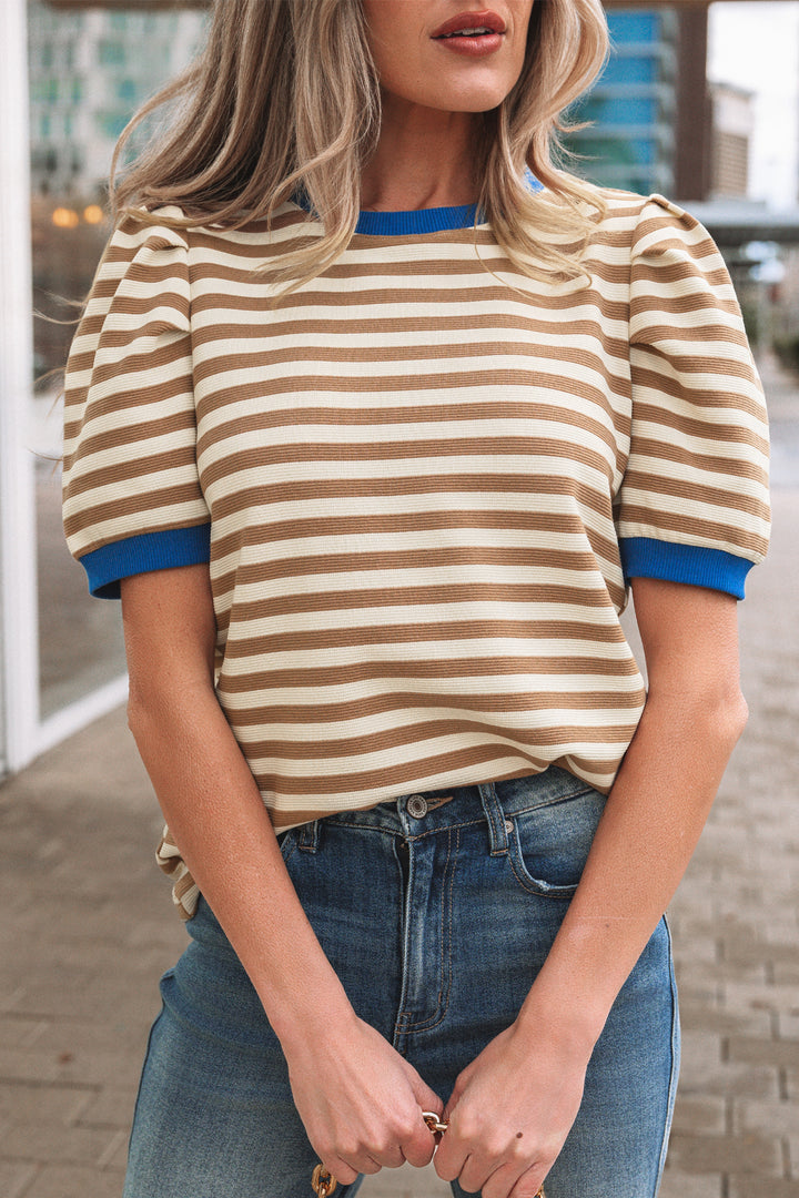 Green Stripe Short Puff Sleeve Contrast Trim Round Neck Tee