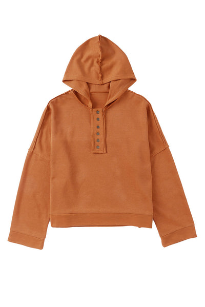 Orange Casual Button Solid Patchwork Trim Hoodie