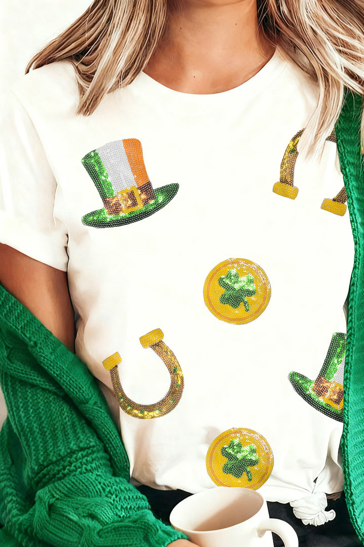 White St Patricks Day Sequin Graphic Casual T Shirt